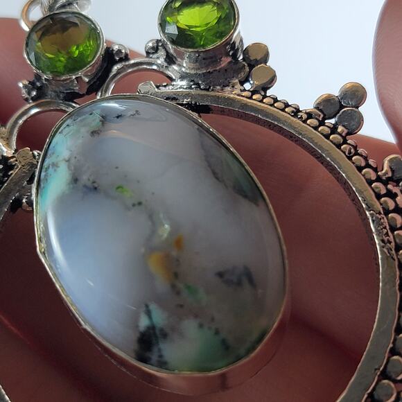 Handmade Silver Pendant – Dendritic Opal & Peridot + 20" Silver Snake Chain - Picture 4 of 10